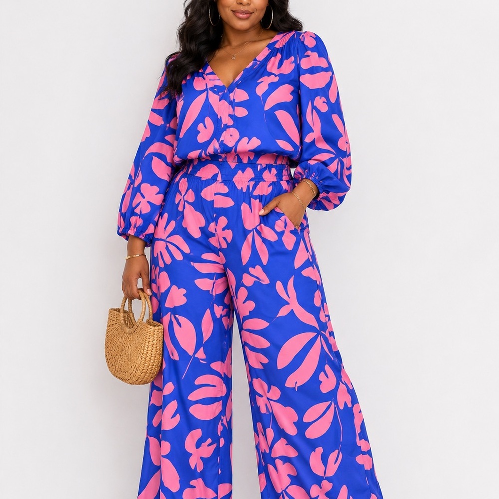 Bold Blue & Pink Floral Wide-Leg Jumpsuit